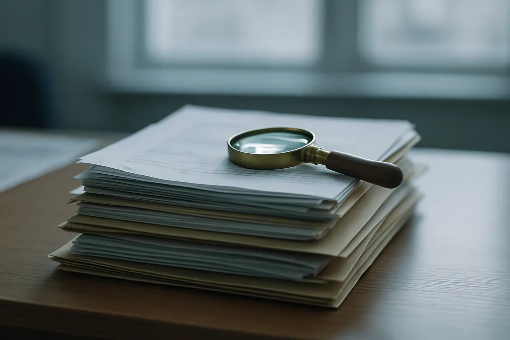 A stack of printed documents with a magnifying glass on top