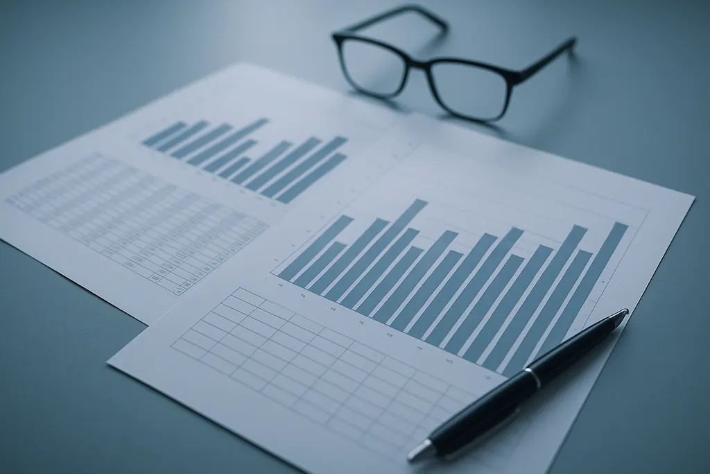 Printed charts and data tables on a desk